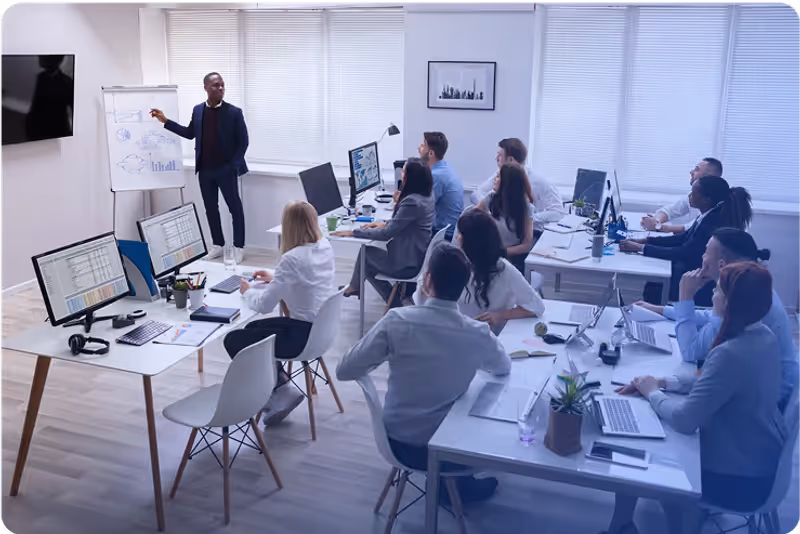 Beratungssituation im Unternehmen: ein Team am Arbeitsplatz, davor eine Erklärung am Flipchart